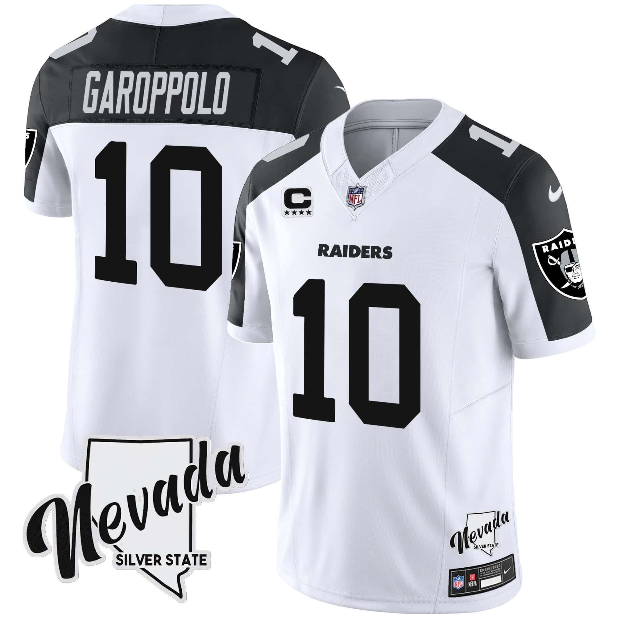 Men Oakland Raiders #10 Garoppo White 2024 Nike Nevada Silver State Patch Vapor NFL Jersey style 1